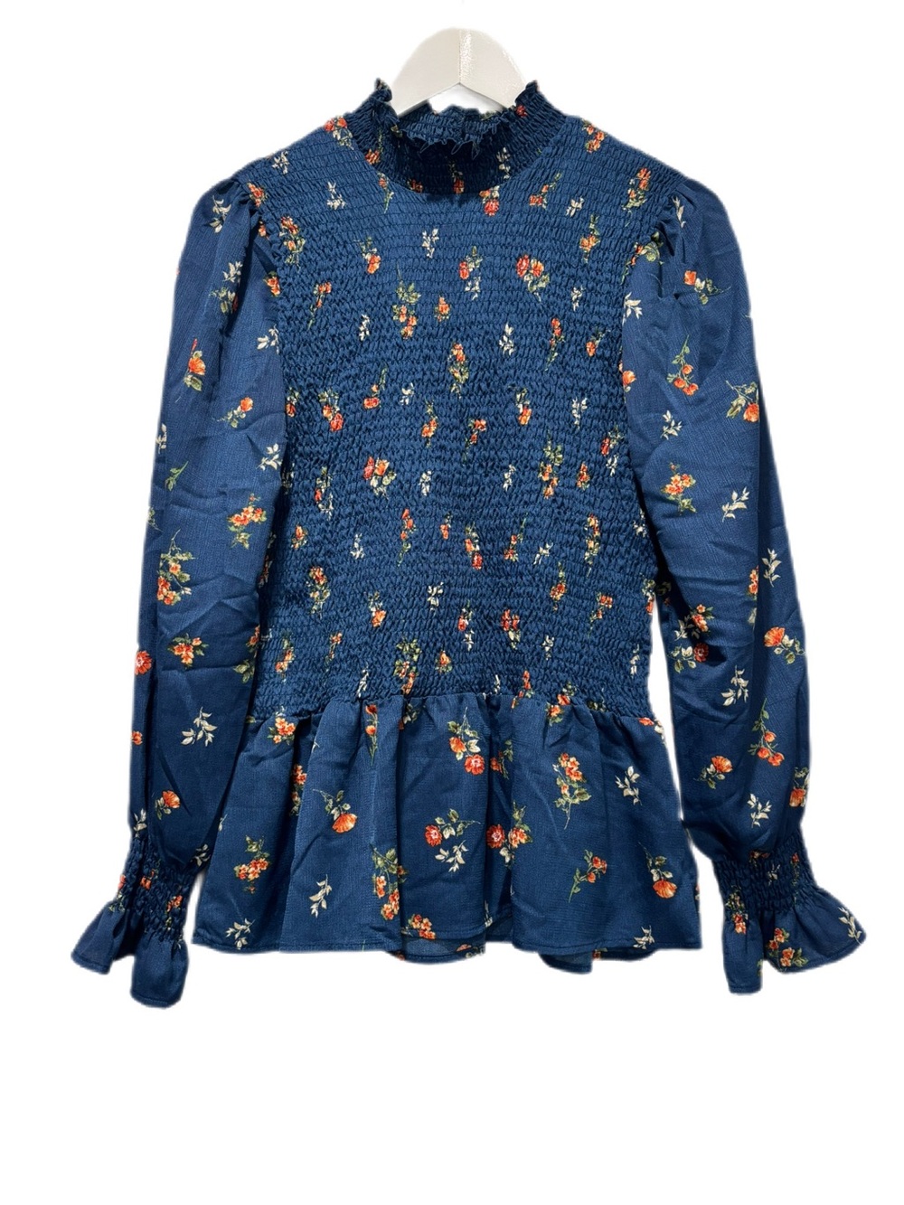 Mary & Mo Floral Smocked Peplum Blouse Navy Blue Size XL Excellent Condition